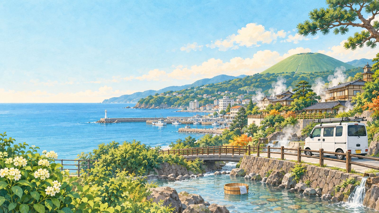 伊東の海と温泉街、川に浮かぶたらいのイラスト