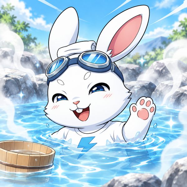 温泉につかるラピットくん（AppTalentHub のマスコット）