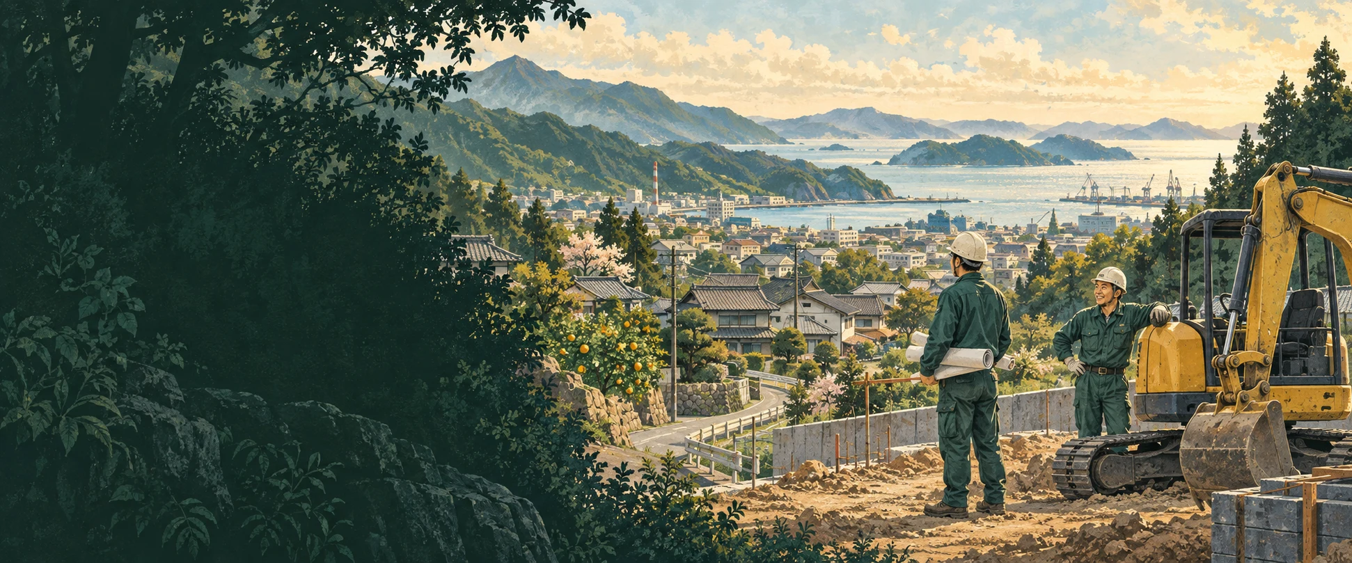 山と海に囲まれたまちを見渡し、現場で働く職人たちを描いたイラスト